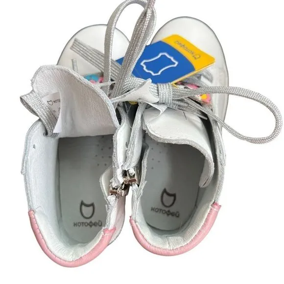 Kotofey girls high top white leather unicorn orthopedic sneakers NEW sz 26/9.5US