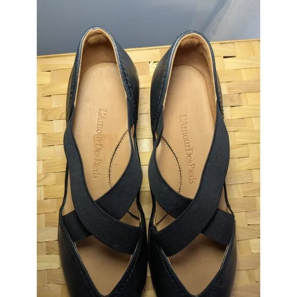 L'Amour Des Pieds Black Leather Mary Jane Shoe Wedge Women 9.5 Comfort Slip On