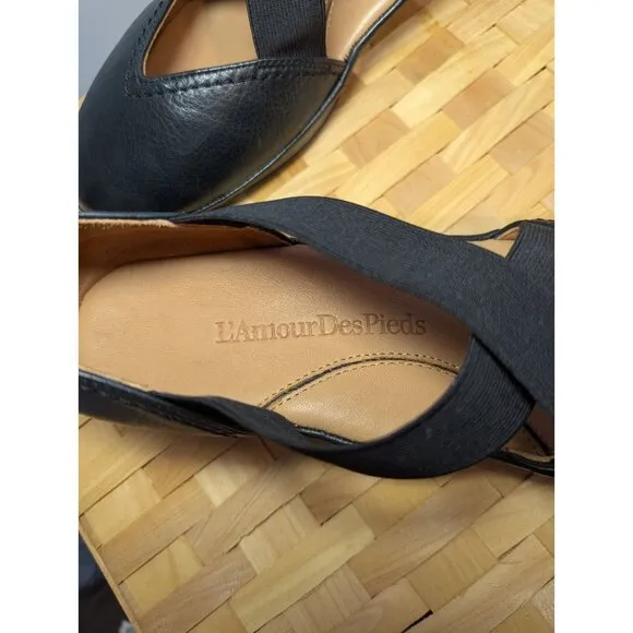 L'Amour Des Pieds Black Leather Mary Jane Shoe Wedge Women 9.5 Comfort Slip On