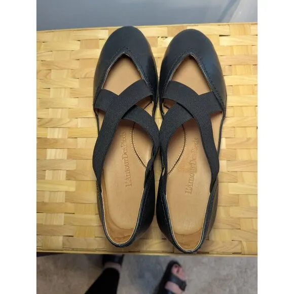 L'Amour Des Pieds Black Leather Mary Jane Shoe Wedge Women 9.5 Comfort Slip On