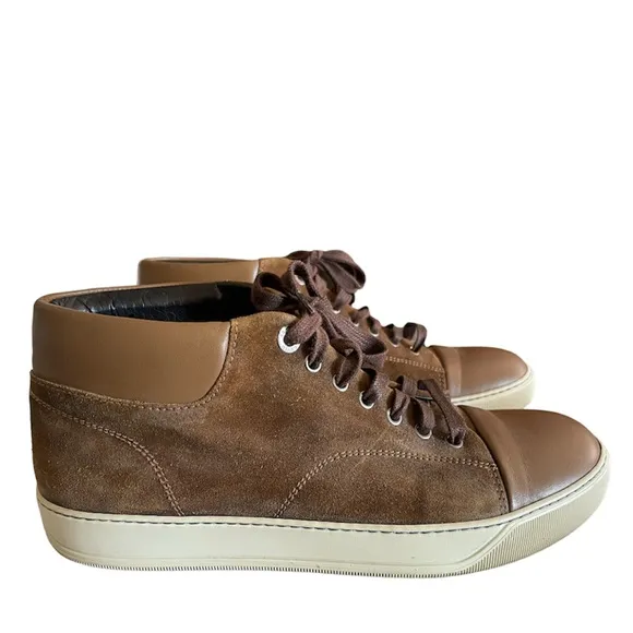 LANVIN Mid-Top Matte Cap Toe Sneakers Sz 8 Brown Suede &amp; Leather