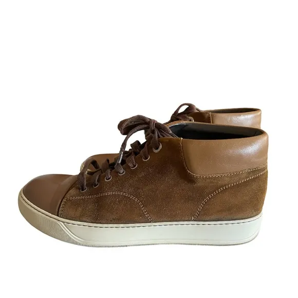 LANVIN Mid-Top Matte Cap Toe Sneakers Sz 8 Brown Suede &amp; Leather