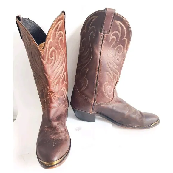 Laredo Cowboy Western Boots Men’s 9.5 D Brown Leather Embroidered Toe Tips #5614