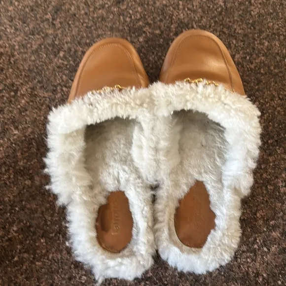 LARROUDE LADIES BROWN BROLD TONE BITS FLEECE LINING SLIP ON MULE SHOES-6.5