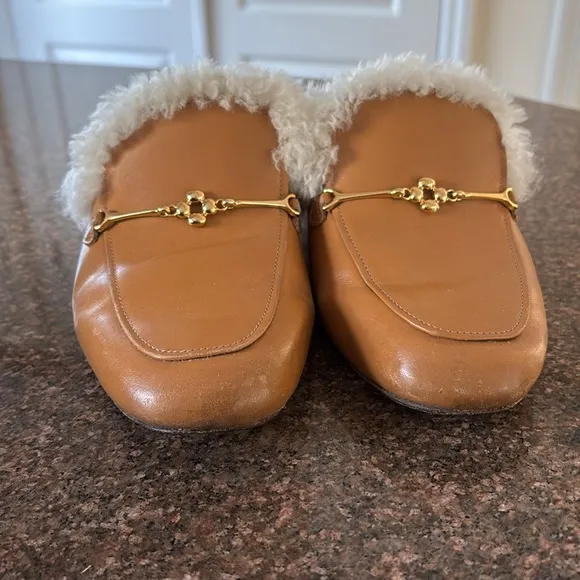 LARROUDE LADIES BROWN BROLD TONE BITS FLEECE LINING SLIP ON MULE SHOES-6.5
