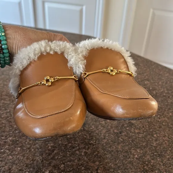LARROUDE LADIES BROWN BROLD TONE BITS FLEECE LINING SLIP ON MULE SHOES-6.5