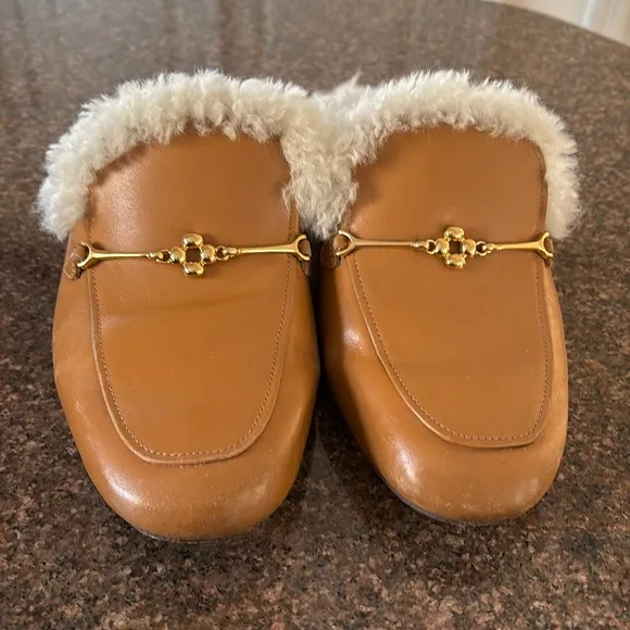 LARROUDE LADIES BROWN BROLD TONE BITS FLEECE LINING SLIP ON MULE SHOES-6.5