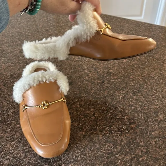 LARROUDE LADIES BROWN BROLD TONE BITS FLEECE LINING SLIP ON MULE SHOES-6.5