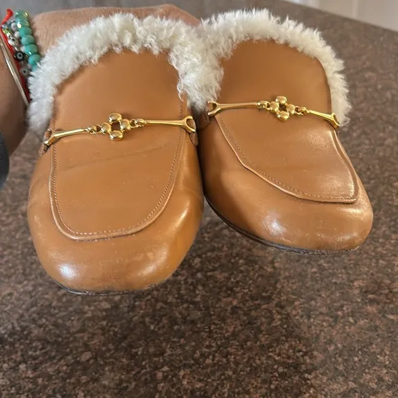 LARROUDE LADIES BROWN BROLD TONE BITS FLEECE LINING SLIP ON MULE SHOES-6.5