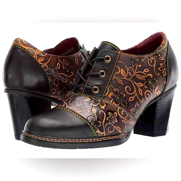 L’Artiste Spring Step ‘Octavius’ Sexy Tooled Leather Oxford Embossed Heels Sz 39