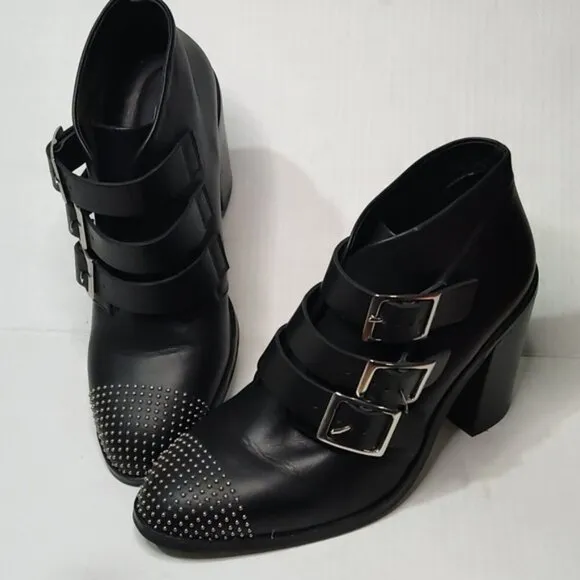 L'Intervalle Black Leather Strap Studded Heeled Boots sz 40