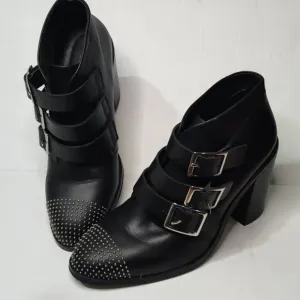 L'Intervalle Black Leather Strap Studded Heeled Boots sz 40