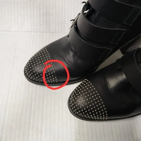 L'Intervalle Black Leather Strap Studded Heeled Boots sz 40