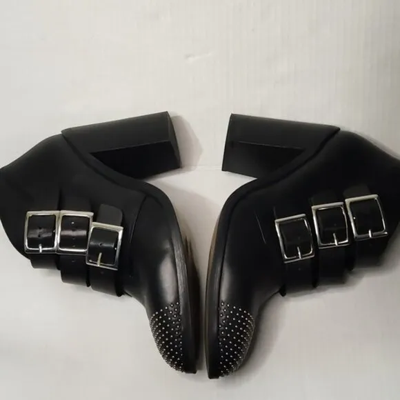 L'Intervalle Black Leather Strap Studded Heeled Boots sz 40