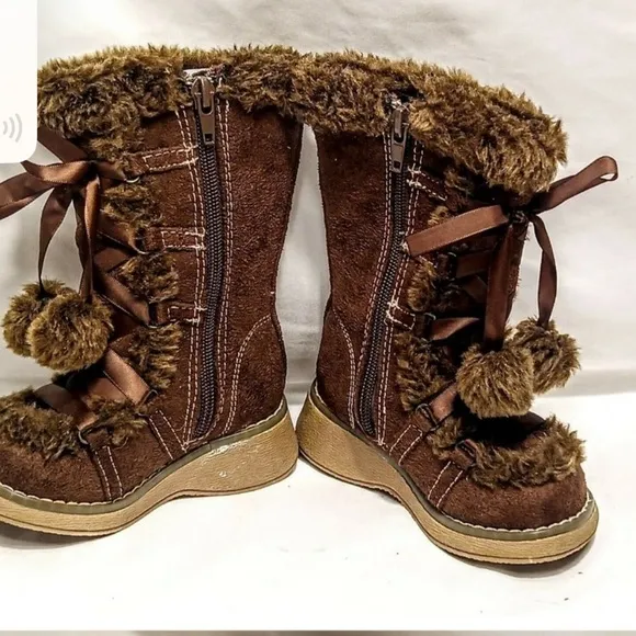 Little girls toddler brown fur Pom Pom boots knee tall OG y2k platform chunky 6