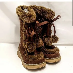Little girls toddler brown fur Pom Pom boots knee tall OG y2k platform chunky 6