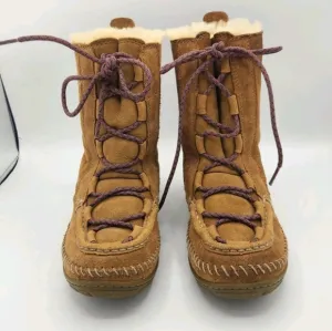 L.L. Bean Wicked Good Lodge Boots Suede Leather Sherling Brown Kids Girls Size 3