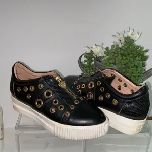 LORIBLU Platform Grommet And Zip Creeper Chunky Embellished Sneakers Black  7.5