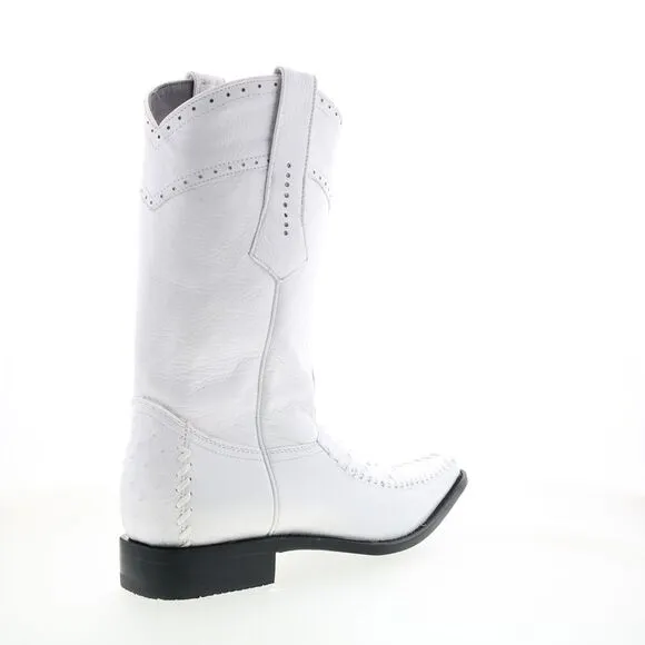 Los Altos Mens Square Toe Ostrich Deer Stitch White Boots (NWT)