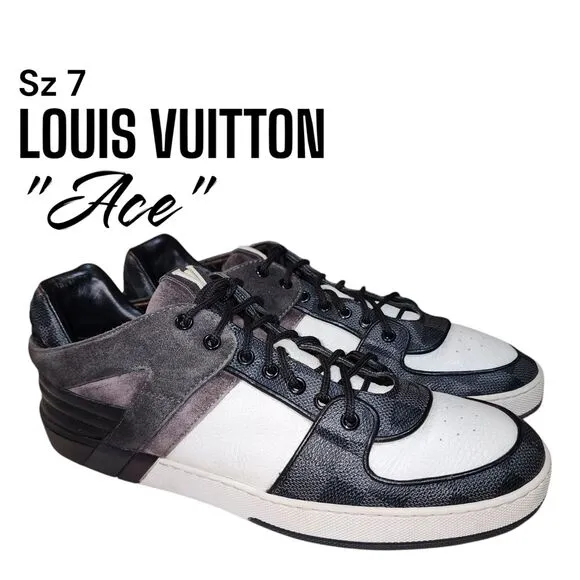 LOUIS VUITTON ACE Sz 7 LV Logo Lace Up Black White Hype Trainer Sneakers Shoes