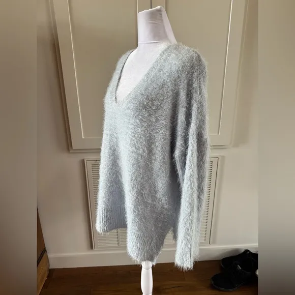 Lush Notched Deep V Neck Baby boy blue Cozy Sweater Medium Oversized Like New