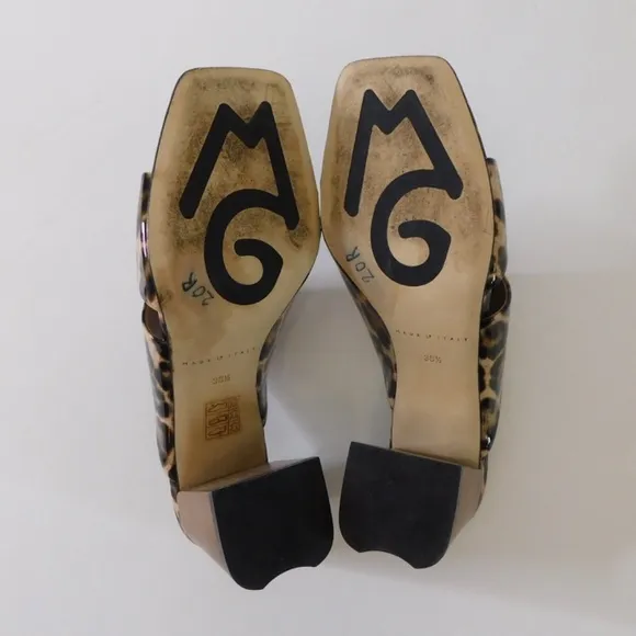 M. GEMI The Zola Camel Leopard Print Patent Leather Sandals Mules Shoes 38.5 8