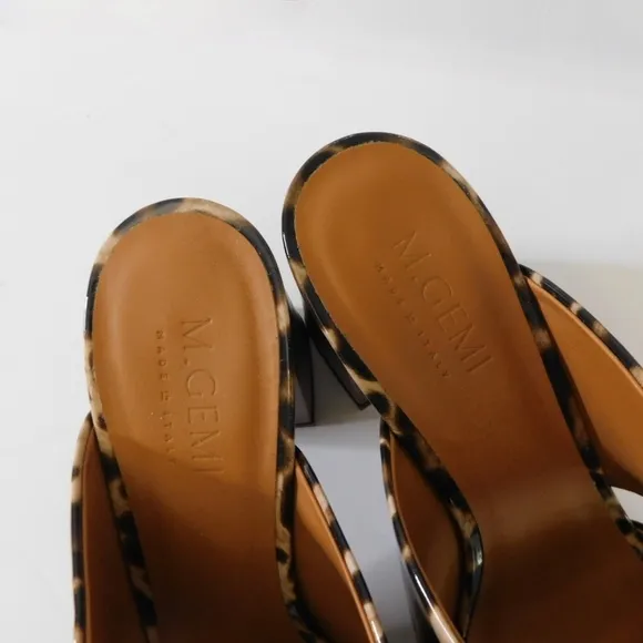 M. GEMI The Zola Camel Leopard Print Patent Leather Sandals Mules Shoes 38.5 8