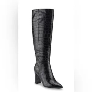 Marc Fisher Groovey black croc‎ embossed pointy toe knee high stacked heel boots