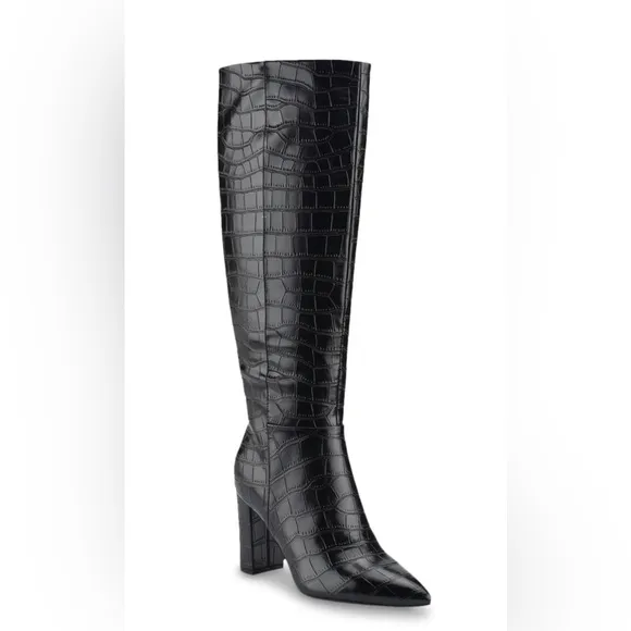 Marc Fisher Groovey black croc‎ embossed pointy toe knee high stacked heel boots