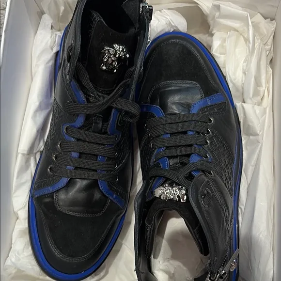 Men's Black and Blue High-Top Sneakers Versace