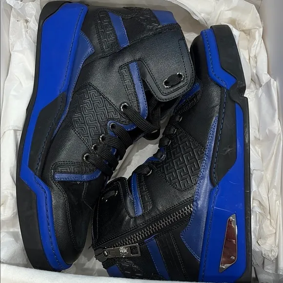 Men's Black and Blue High-Top Sneakers Versace