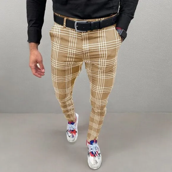 Men's Business Suit Pants Casual Golf Pants Slim Fit Plaid Pants