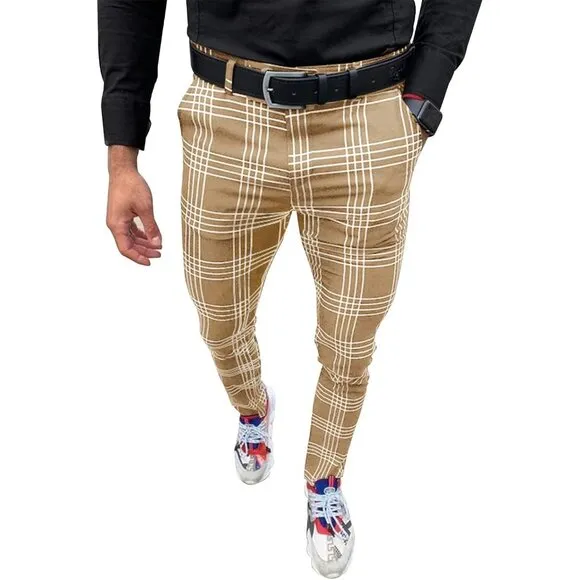 Men's Business Suit Pants Casual Golf Pants Slim Fit Plaid Pants