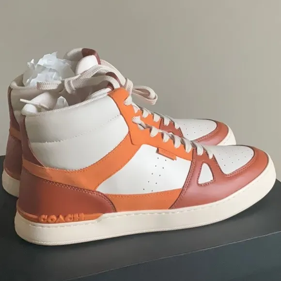 Men’s Coach High-Top Sneakers in Orange and White