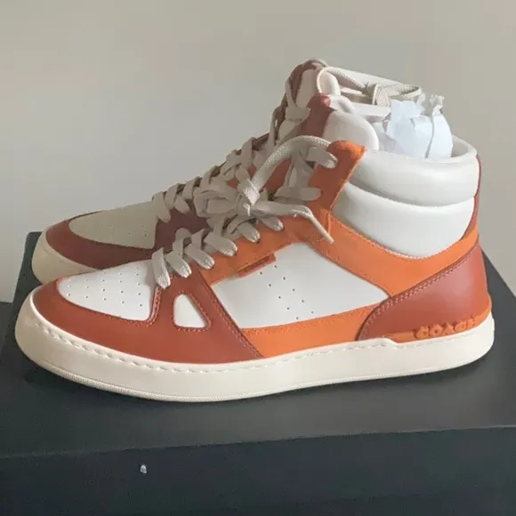 Men’s Coach High-Top Sneakers in Orange and White