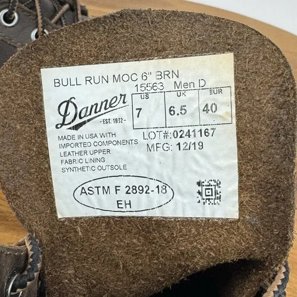 Mens Danner Bull Run Moc Toe 6&quot; Steel Toe Brown Leather Combat Work Boots Size 7