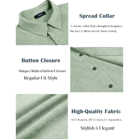 Men's Green Linen Short Sleeve Button Down Casual Shirt Business Dress