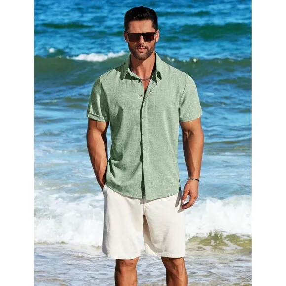 Men's Green Linen Short Sleeve Button Down Casual Shirt Business Dress