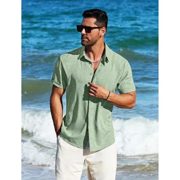 Men's Green Linen Short Sleeve Button Down Casual Shirt Business Dress