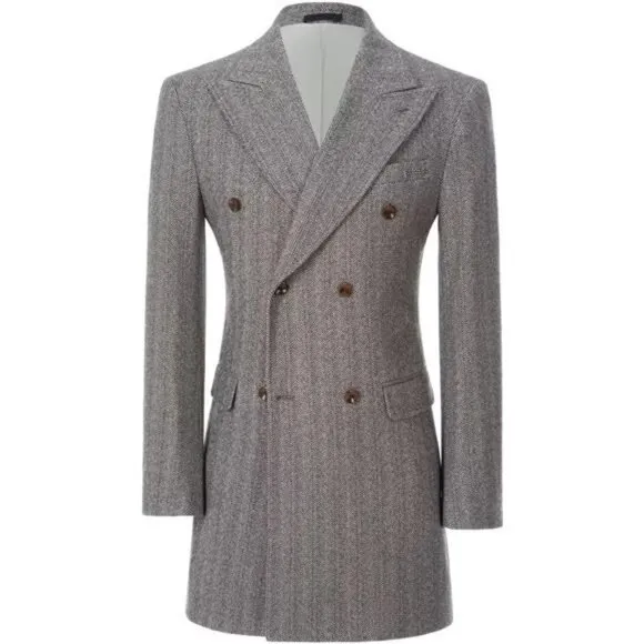Men's Herringbone Wool Blend Trench Coat Peaked Collar Long Jacket Overcoat