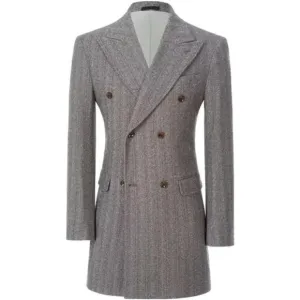 Men's Herringbone Wool Blend Trench Coat Peaked Collar Long Jacket Overcoat