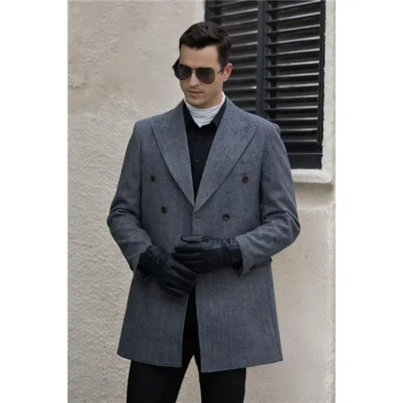 Men's Herringbone Wool Blend Trench Coat Peaked Collar Long Jacket Overcoat