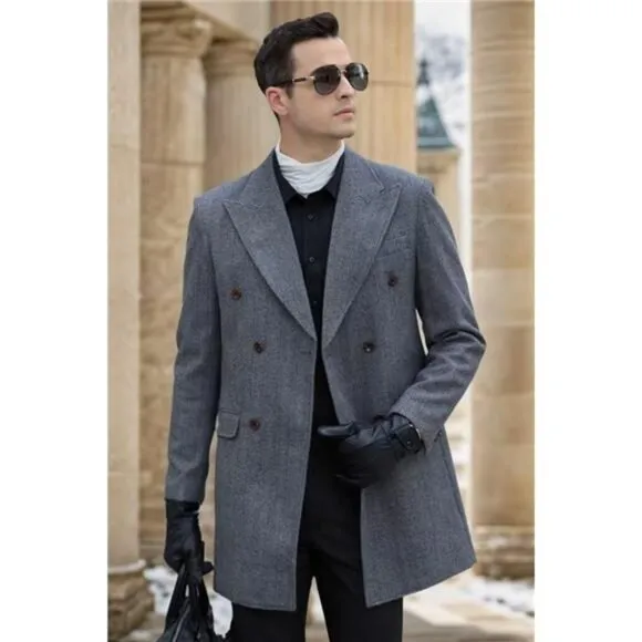 Men's Herringbone Wool Blend Trench Coat Peaked Collar Long Jacket Overcoat