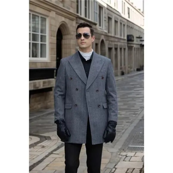 Men's Herringbone Wool Blend Trench Coat Peaked Collar Long Jacket Overcoat