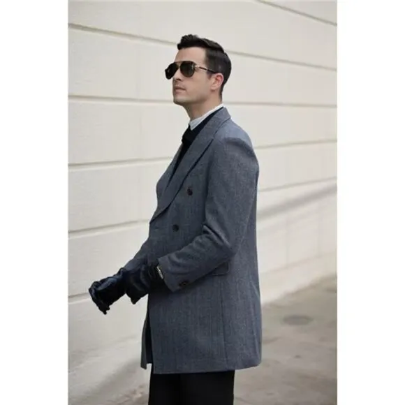 Men's Herringbone Wool Blend Trench Coat Peaked Collar Long Jacket Overcoat