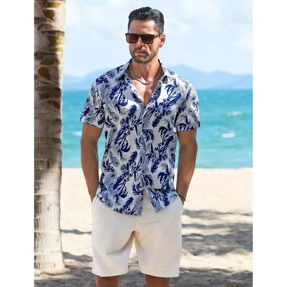 Men's White - Palm Leaf Linen Short Sleeve Button Down Casual Shirt Business