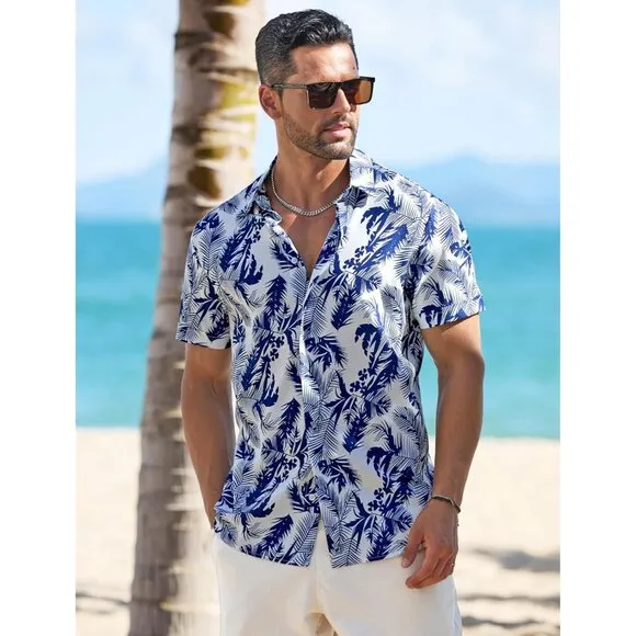 Men's White - Palm Leaf Linen Short Sleeve Button Down Casual Shirt Business