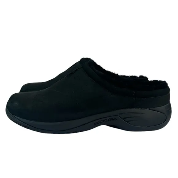 Merrell Mens Encore Chill 2 Black Leather Shearling Slip On Mules Shoes Size 14W