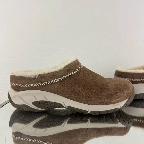 MERRELL Stone Brown Tan Suede Echo Ice 4 Cozy Faux Shearling Lined Slip On Shoes
