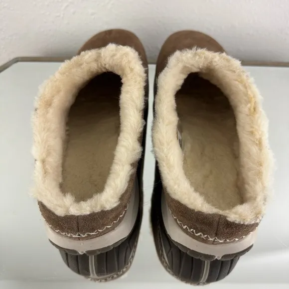 MERRELL Stone Brown Tan Suede Echo Ice 4 Cozy Faux Shearling Lined Slip On Shoes
